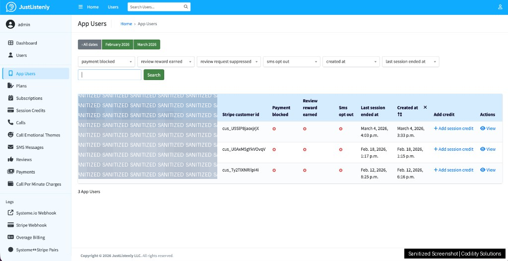 JustListenly app users table view