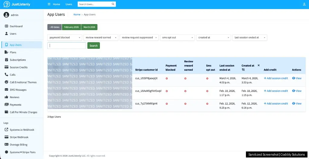 JustListenly app users table view