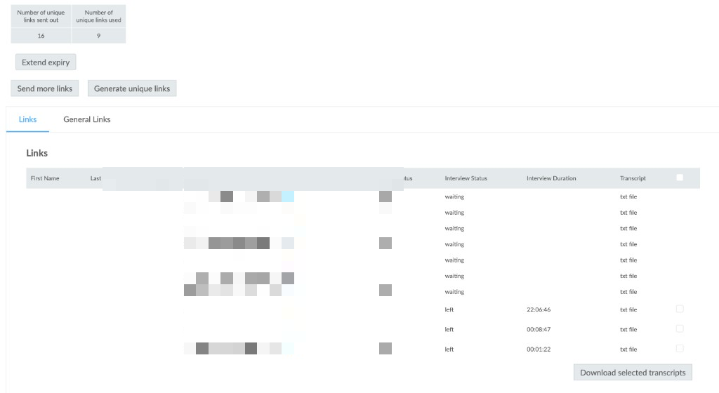 Admin links table redacted