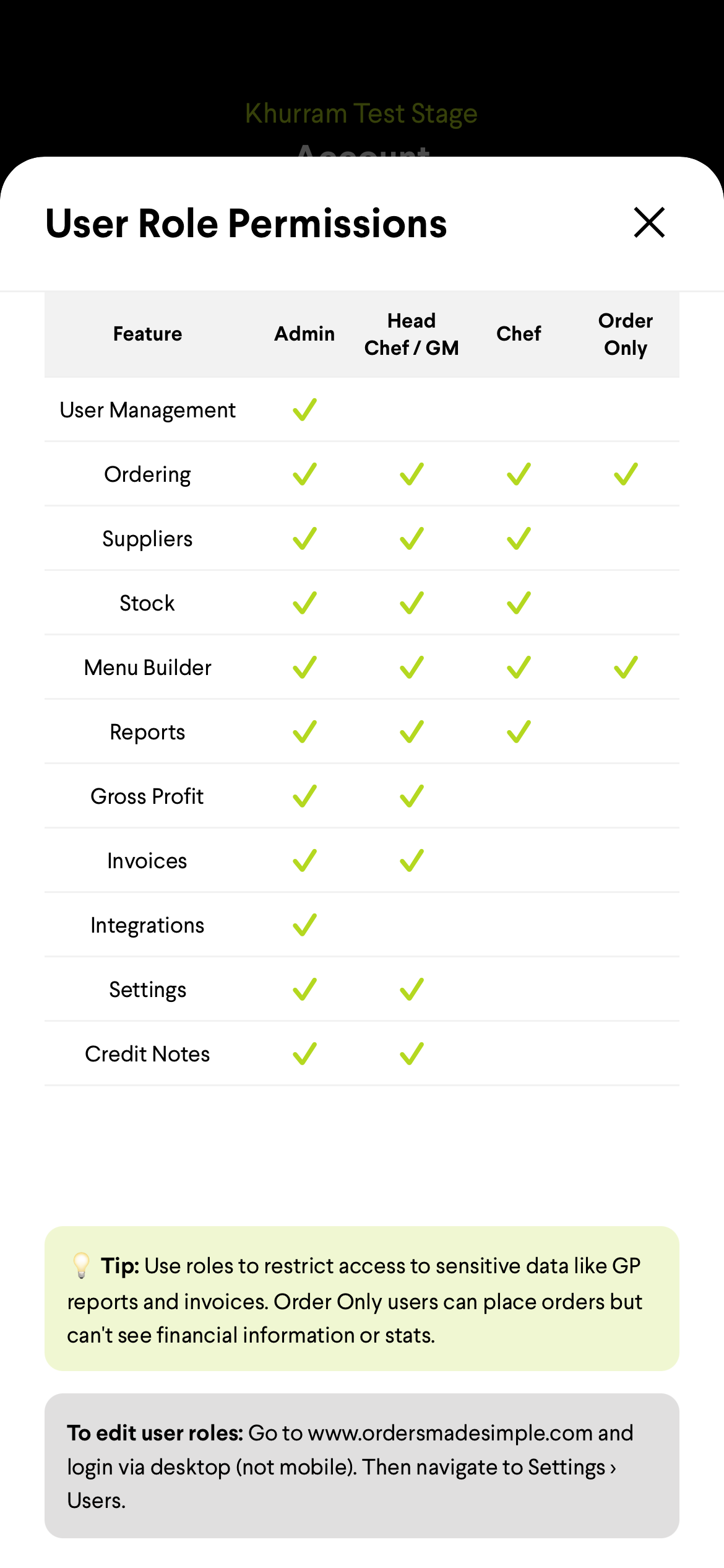 OMS mobile app - user role permissions