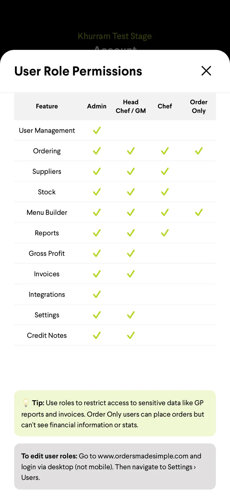 OMS mobile app - user role permissions