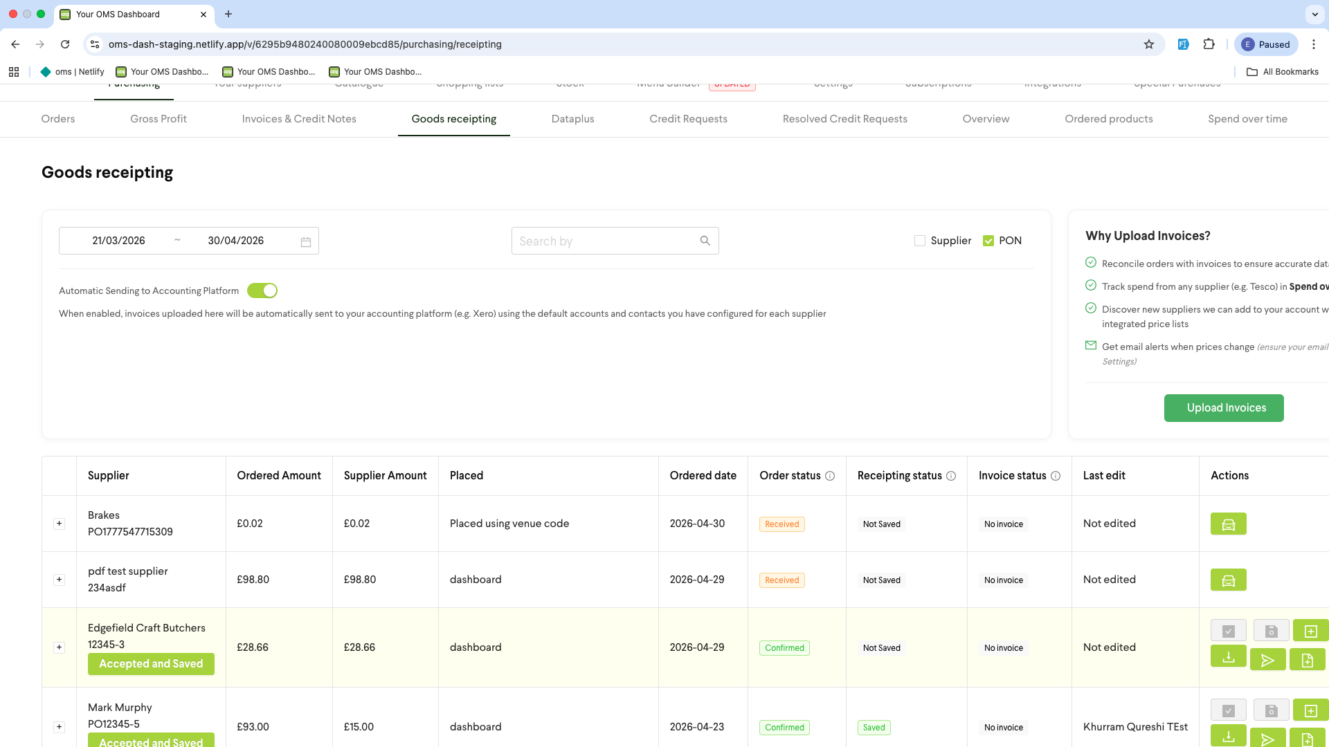 OMS web dashboard - goods receipting
