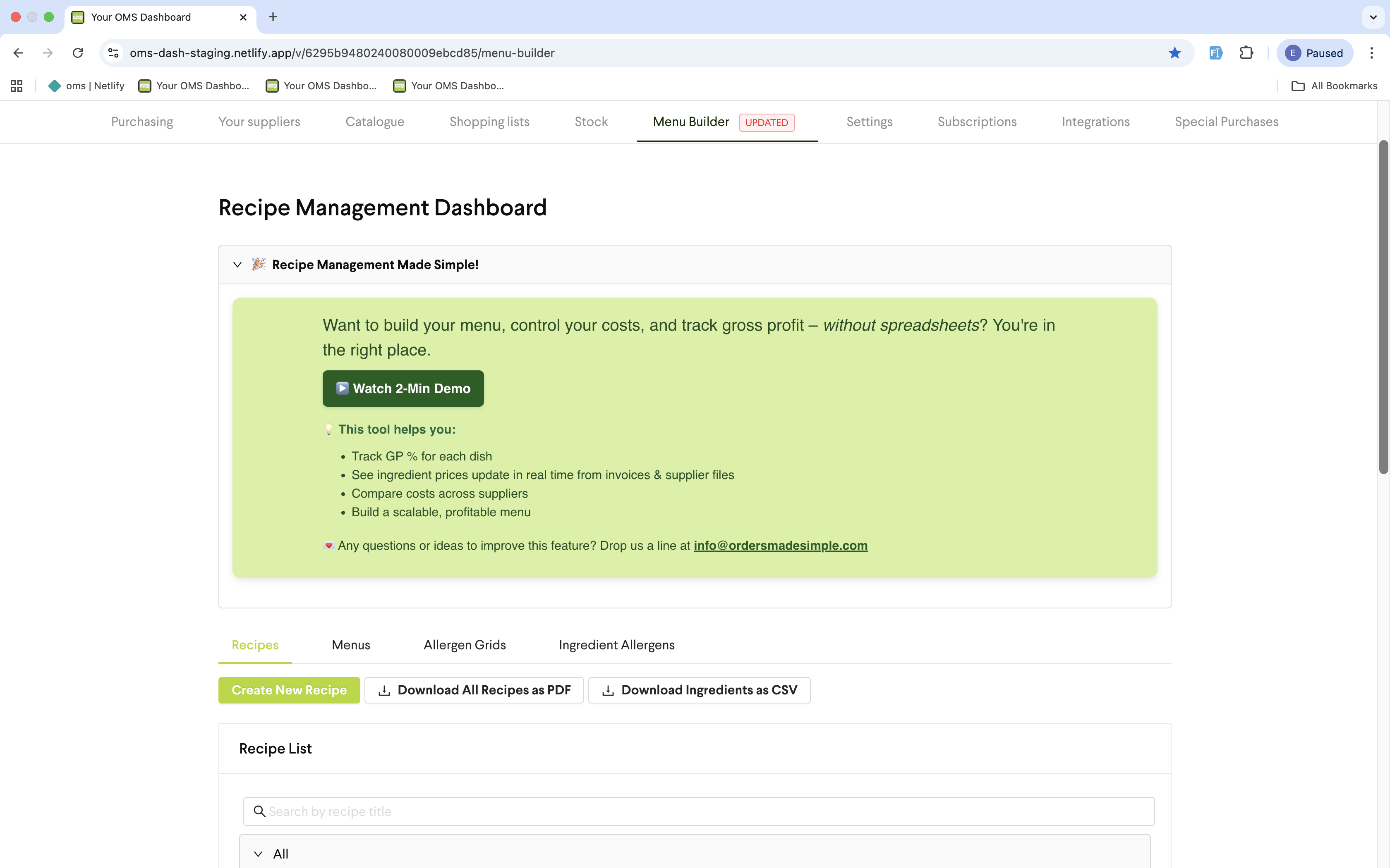 OMS web dashboard - recipe management