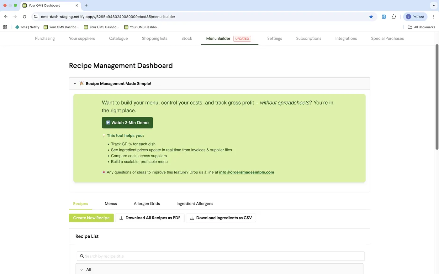 OMS web dashboard - recipe management