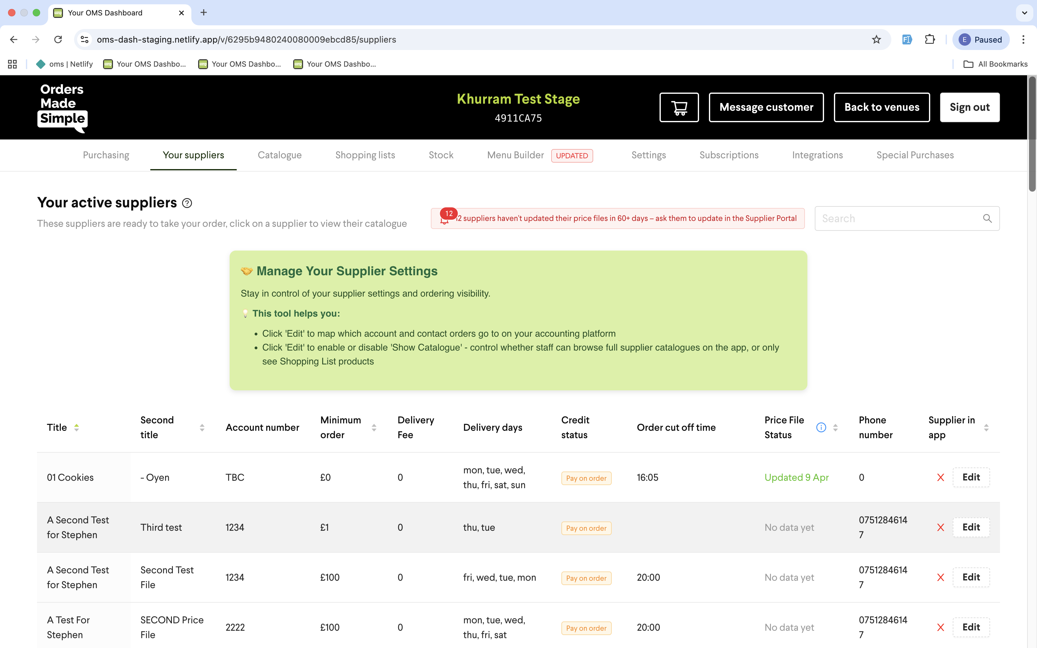 OMS web dashboard - supplier management