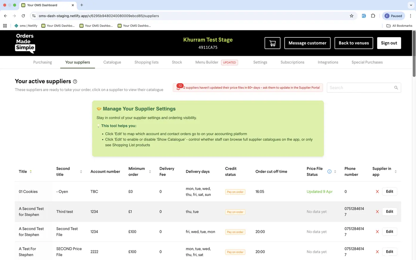 OMS web dashboard - supplier management