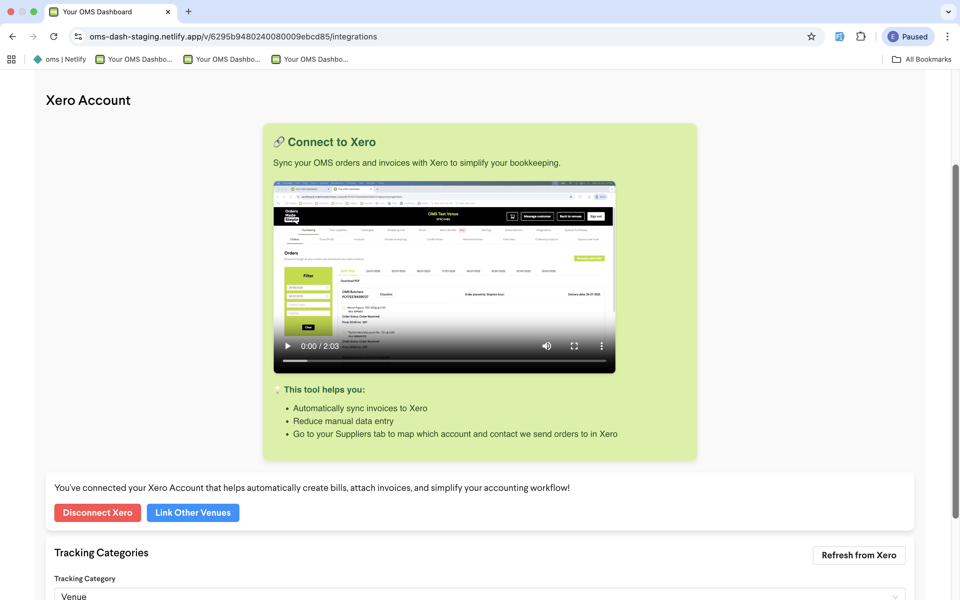 OMS web dashboard - Xero integration